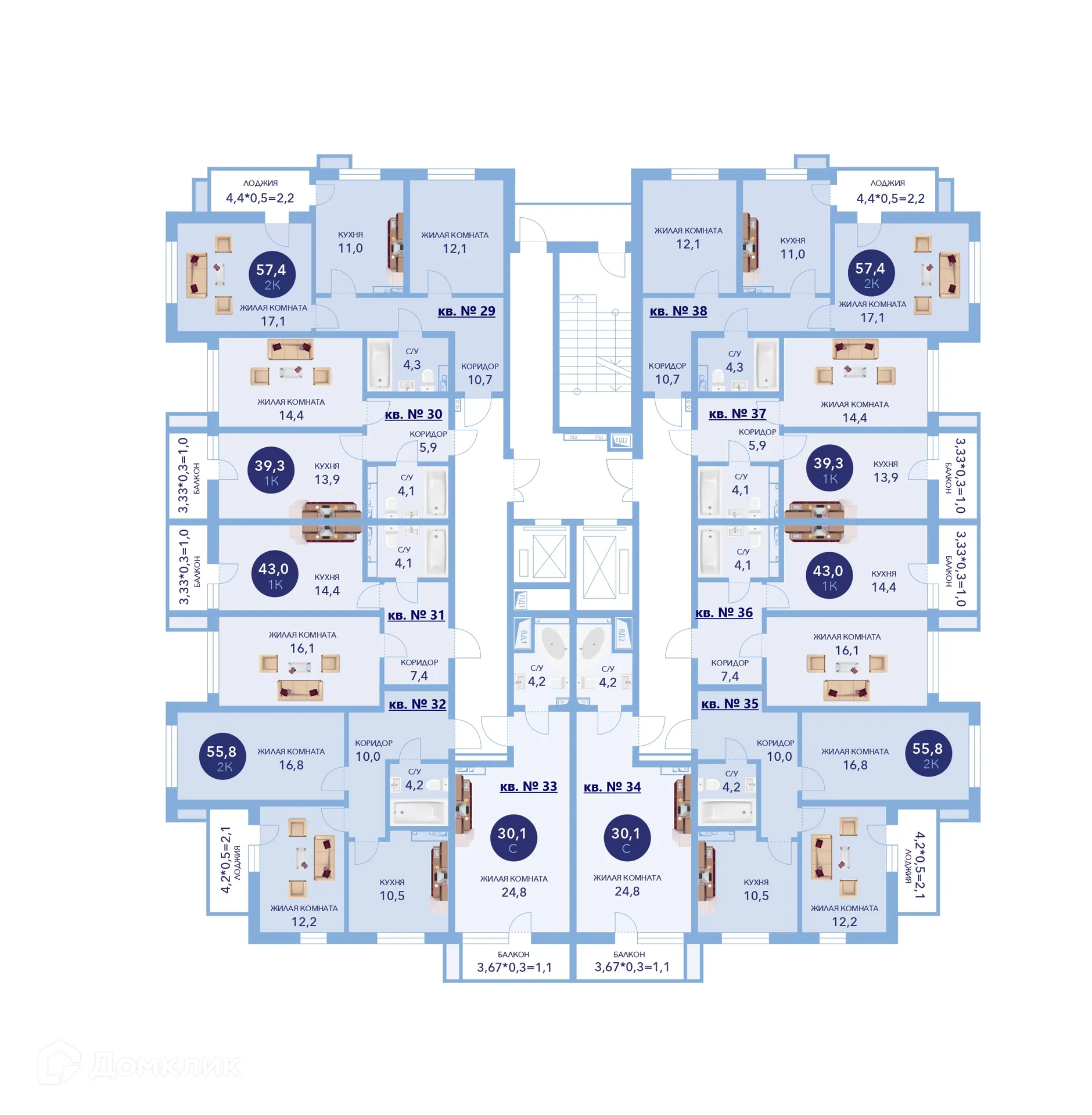 Планировка 2-комнатной квартиры 55.8 м² в ЖК "Два Адмирала", г. Анапа — фото 3