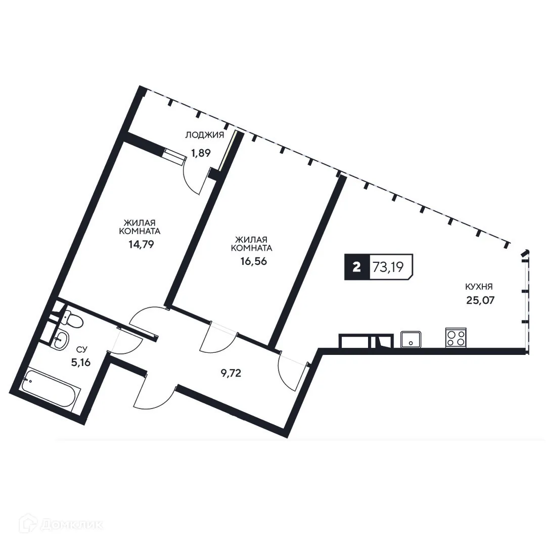 Планировка 2-комнатной квартиры 73.19 м² в ЖК"Центральный", г. Анапа — фото 1