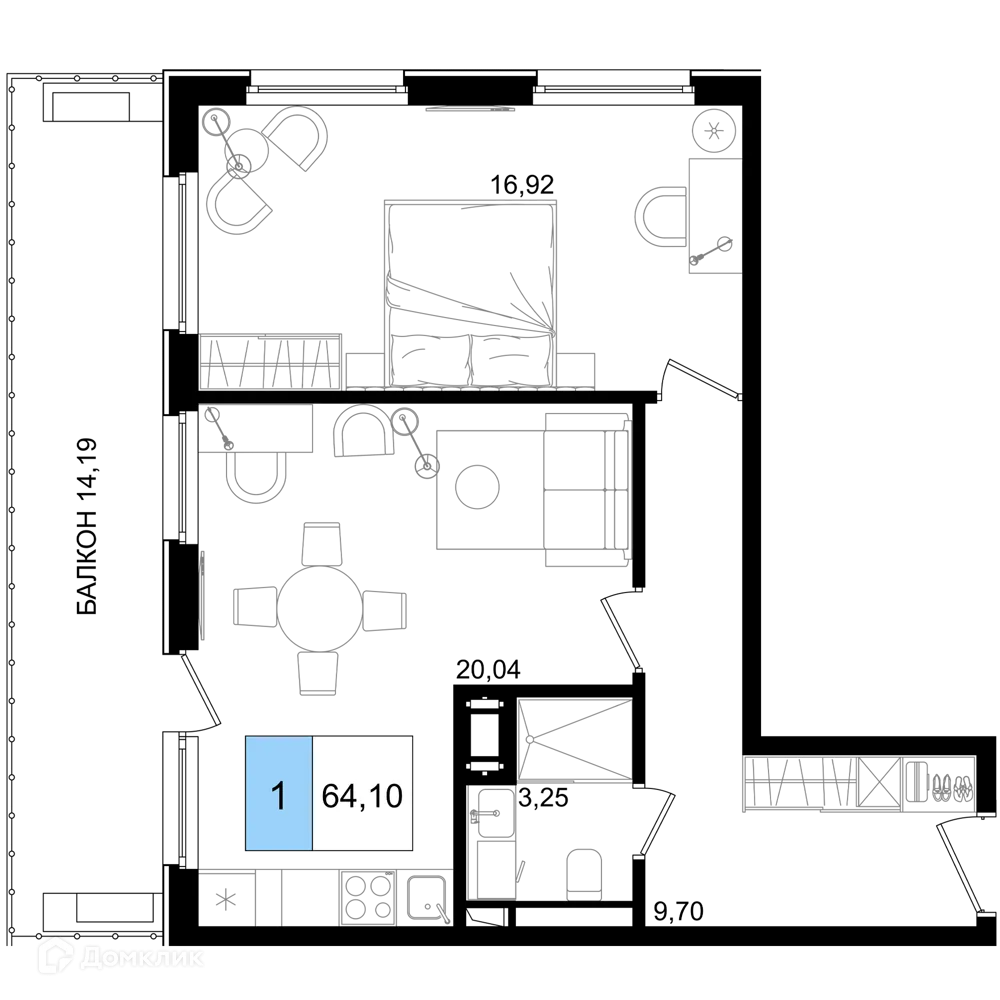 Планировка 1-комнатной квартиры 64.1 м² в ЖК Гостиничный комплекс "Корсаков", г. Анапа — фото 1