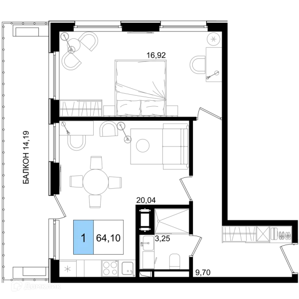 Планировка 1 комн. в ЖК Гостиничный комплекс "Корсаков"