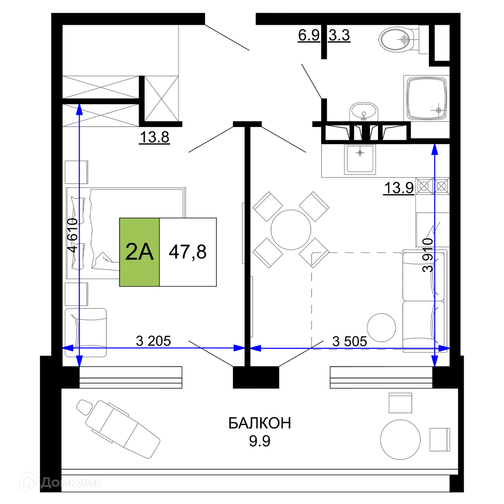 Планировка 2-комнатной квартиры 47.8 м² в ЖК Гостиничный комплекс «Мореград», г. Анапа — фото 1