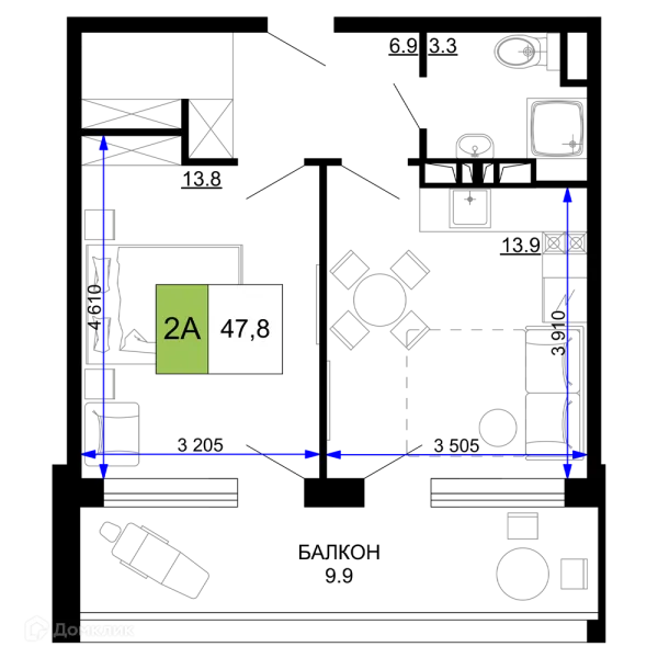 Планировка 2 комн. в ЖК Гостиничный комплекс «Мореград»