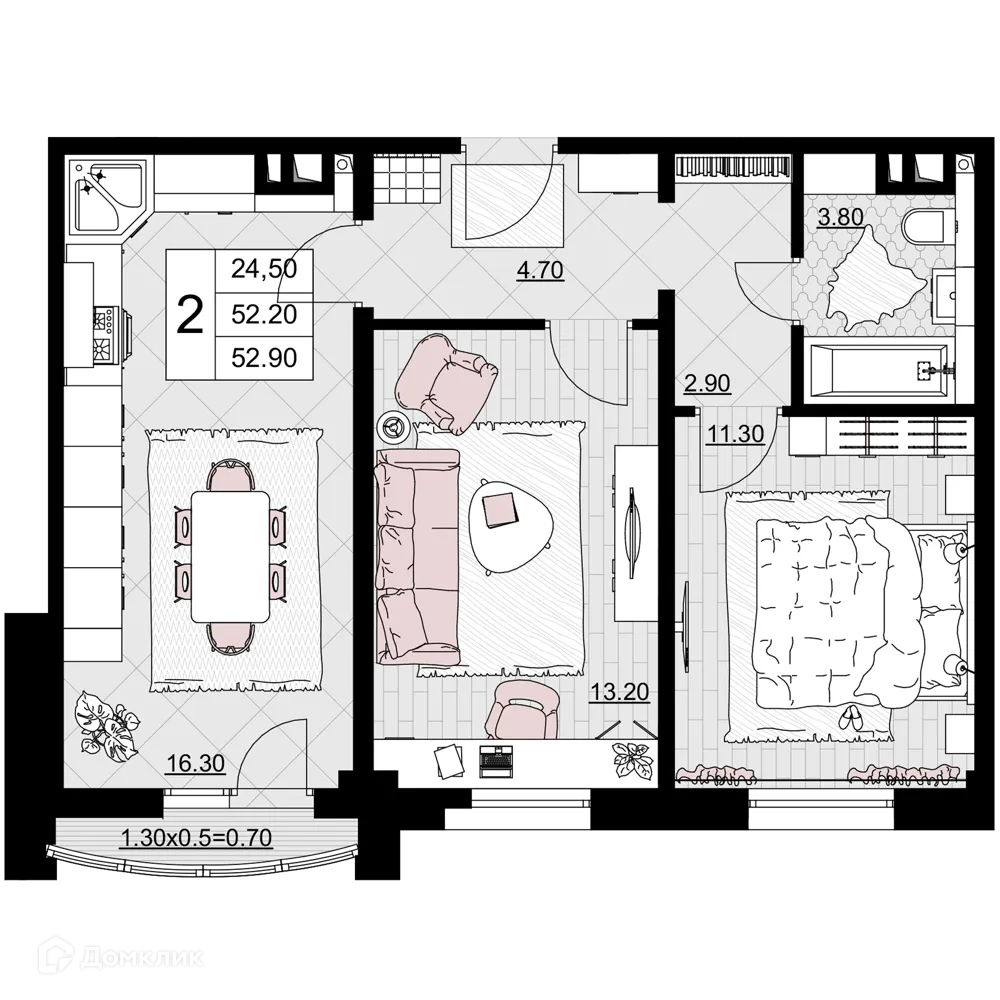 Планировка 2-комнатной квартиры 52.9 м² в ЖК Песчаный, г. Анапа — фото 1