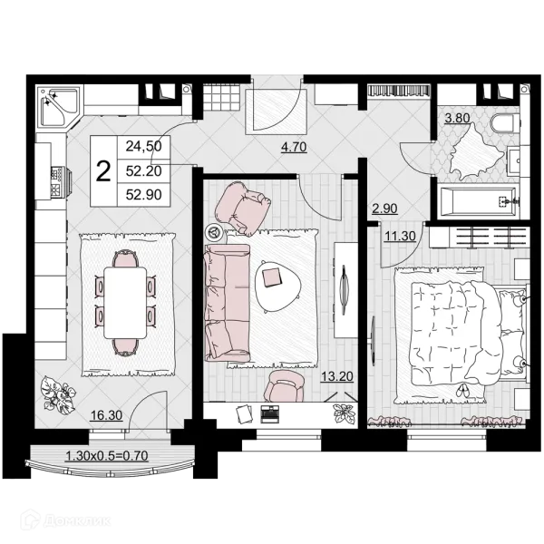 Планировка 2 комн. в ЖК Песчаный