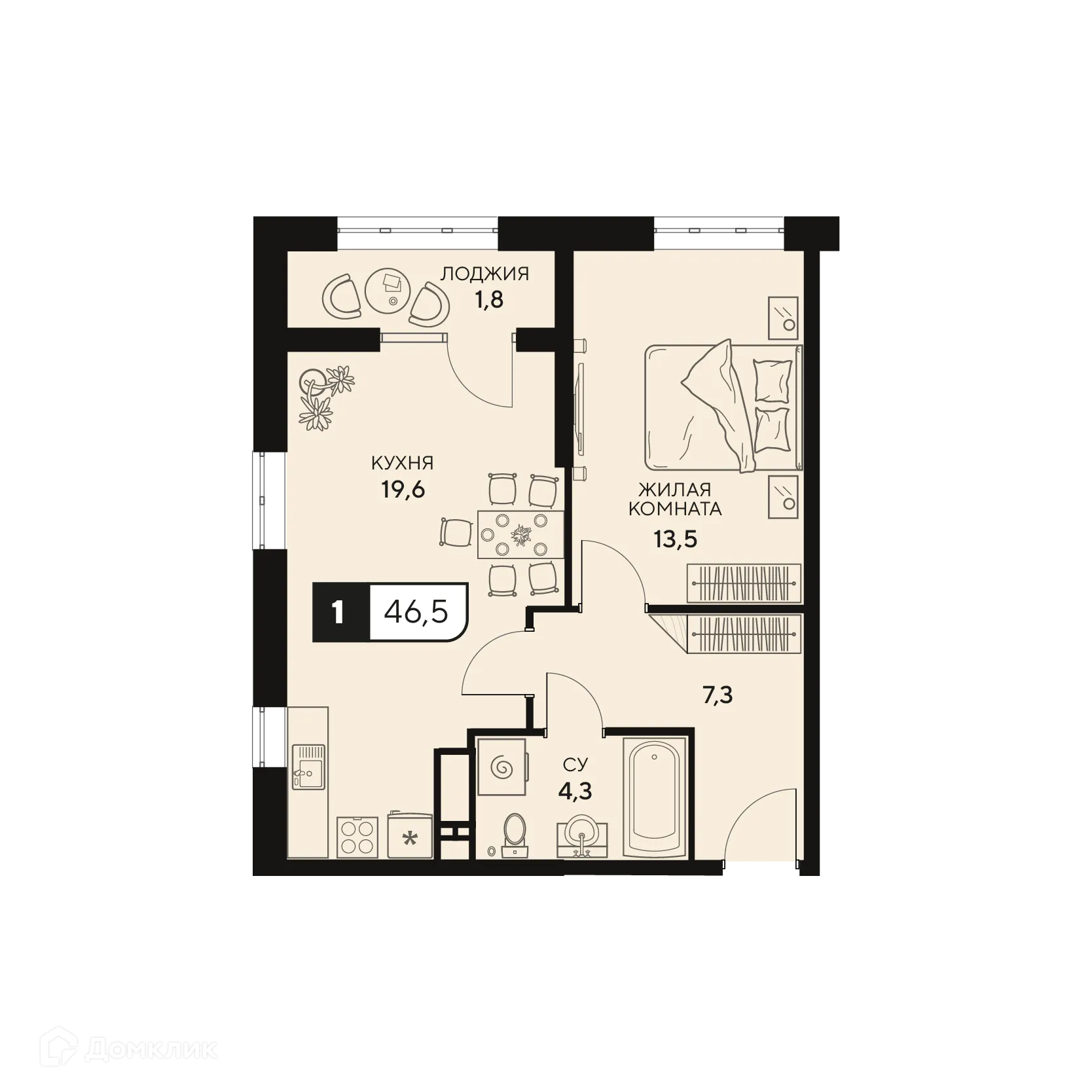Планировка 1-комнатной квартиры 46.5 м² в ЖК Жилой комплекс "18/3", г. Анапа — фото 1