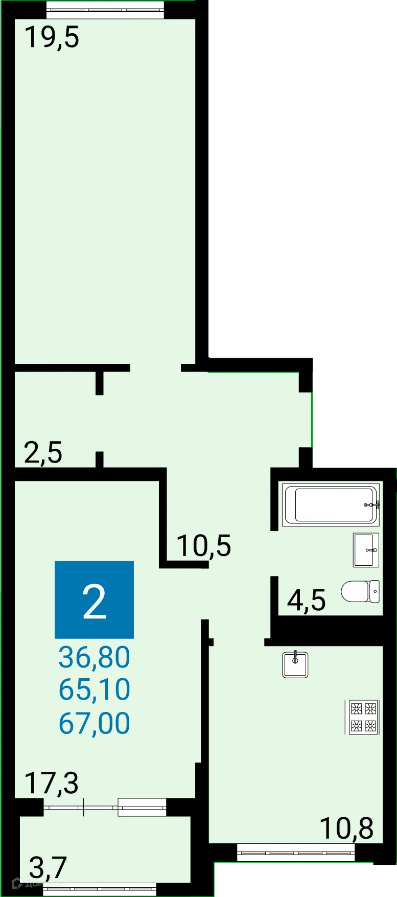 Планировка 2-комнатной квартиры 65.1 м² в ЖК Дом по ул Адмирала Пустошкина, г. Анапа — фото 1