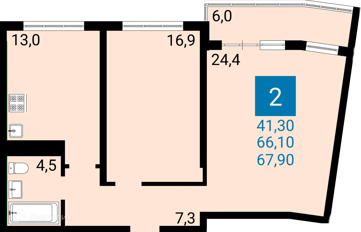 Планировка 2-комнатной квартиры 66.1 м² в ЖК Дом по ул Адмирала Пустошкина, г. Анапа — фото 1