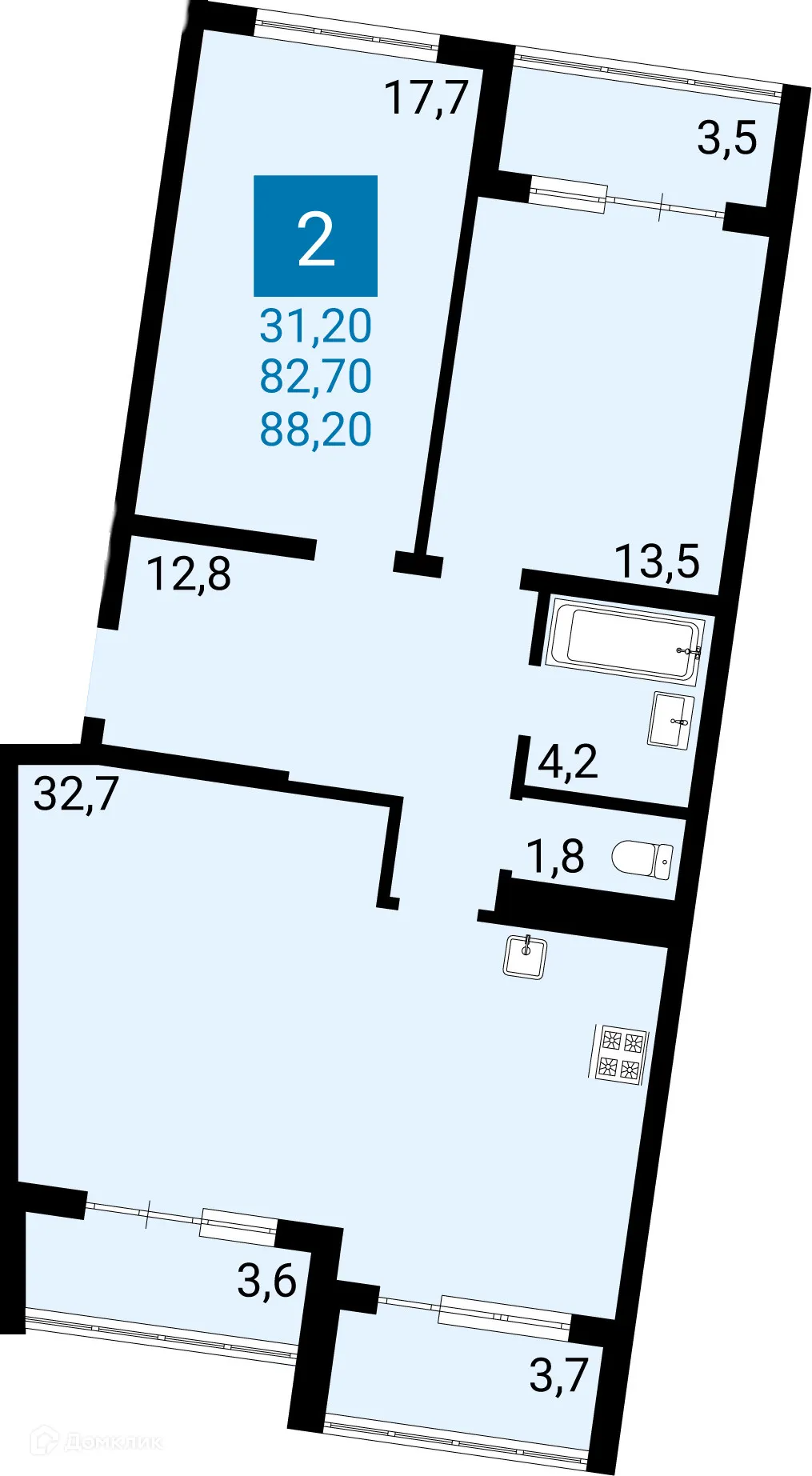 Планировка 2-комнатной квартиры 82.7 м² в ЖК Дом по ул Адмирала Пустошкина, г. Анапа — фото 1