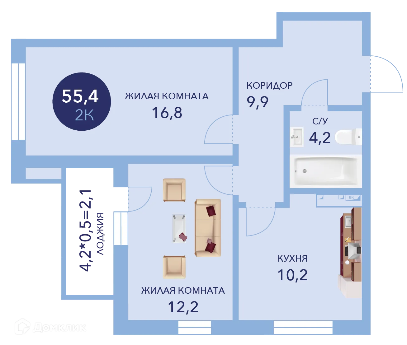Планировка 2-комнатной квартиры 55.4 м² в ЖК "Два Адмирала", г. Анапа — фото 1