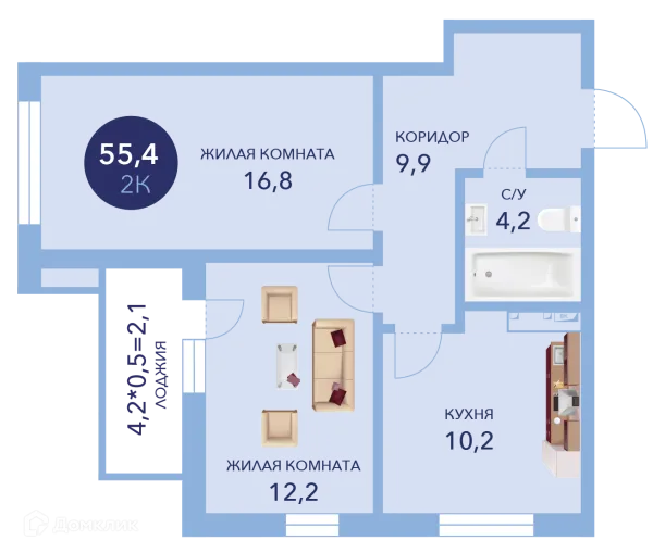 Планировка 2 комн. в ЖК "Два Адмирала"