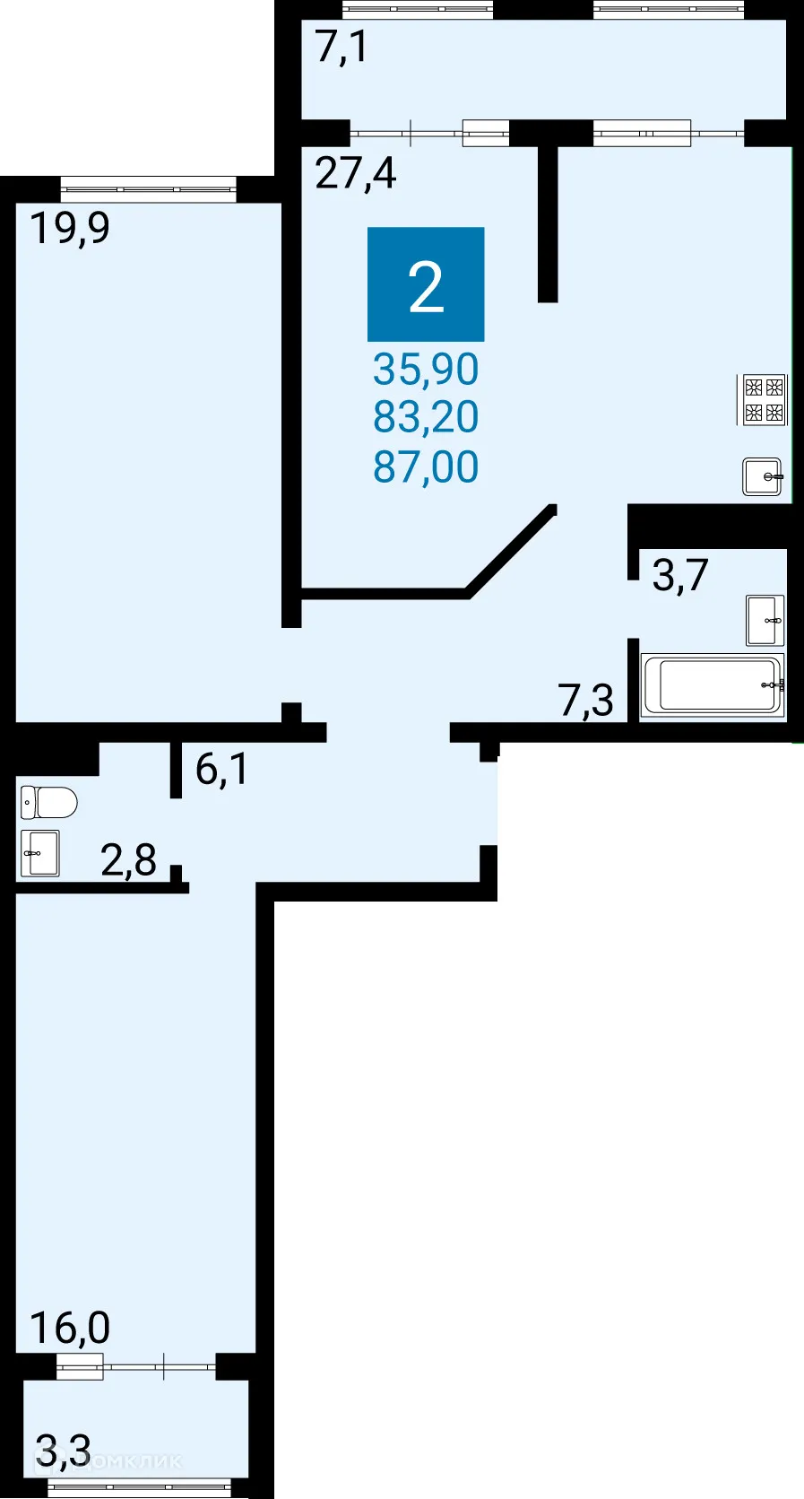Планировка 2-комнатной квартиры 83.2 м² в ЖК Дом по ул Адмирала Пустошкина, г. Анапа — фото 1