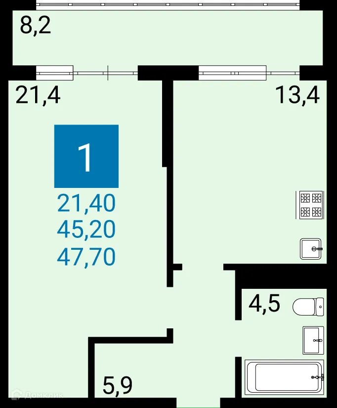 Планировка 1-комнатной квартиры 45.2 м² в ЖК Дом по ул Адмирала Пустошкина, г. Анапа — фото 1