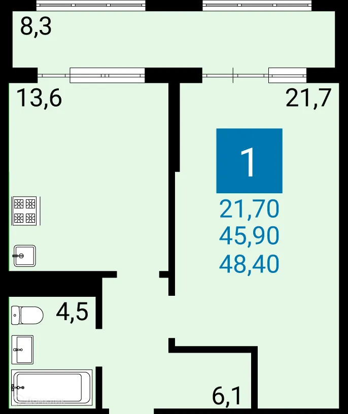 Планировка 1-комнатной квартиры 45.9 м² в ЖК Дом по ул Адмирала Пустошкина, г. Анапа — фото 1