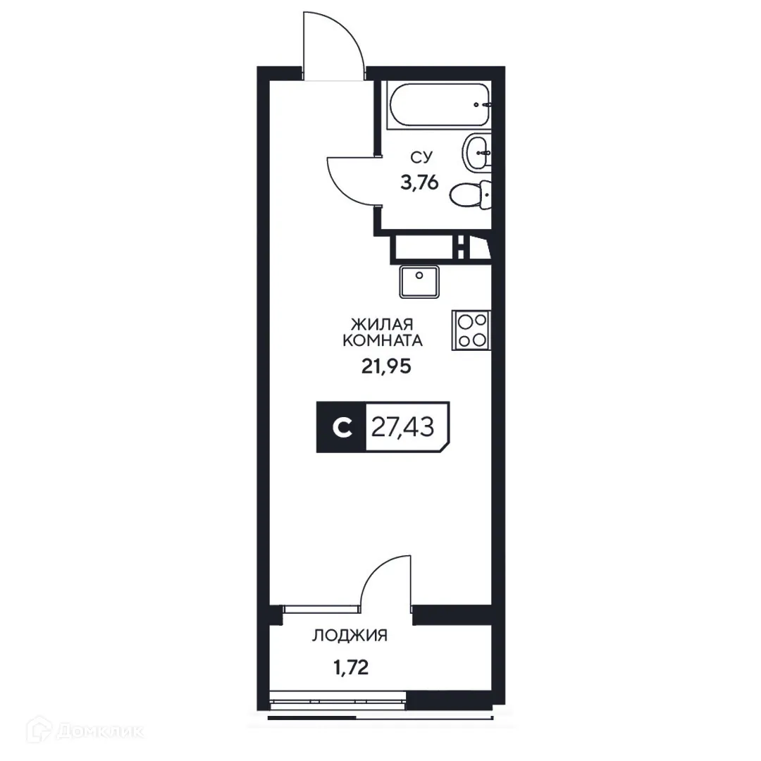 Планировка студии квартиры 27.43 м² в ЖК"Центральный", г. Анапа — фото 1