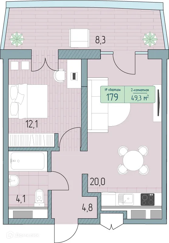 Планировка 2-комнатной квартиры 55.11 м² в ЖК Гостиничный комплекс Морелло, г. Анапа — фото 1