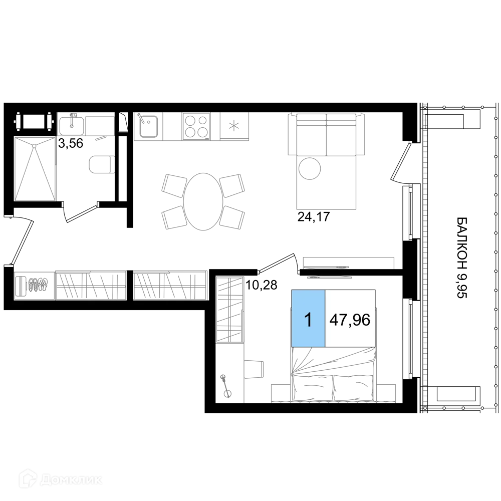 Планировка 1-комнатной квартиры 47.96 м² в ЖК Гостиничный комплекс "Корсаков", г. Анапа — фото 1