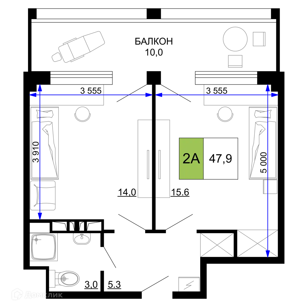 Планировка 2-комнатной квартиры 47.9 м² в ЖК Гостиничный комплекс «Мореград», г. Анапа — фото 1