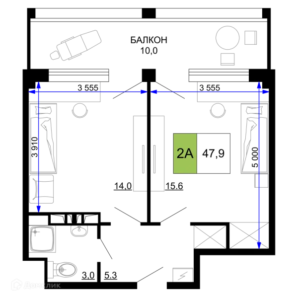 Планировка 2 комн. в ЖК Гостиничный комплекс «Мореград»