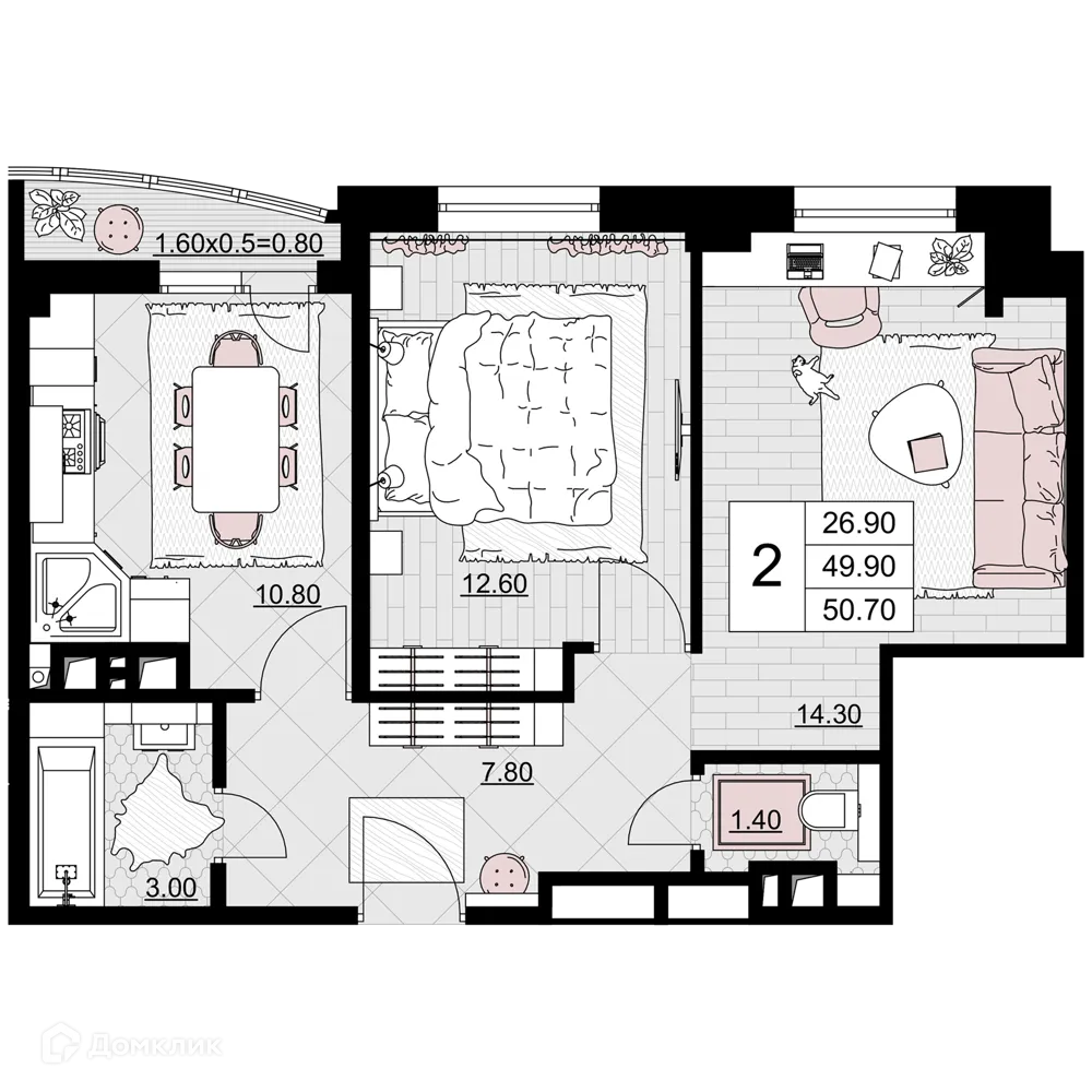 Планировка 2-комнатной квартиры 50.7 м² в ЖК Песчаный, г. Анапа — фото 1