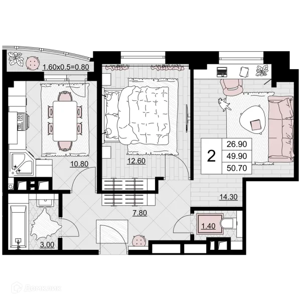 Планировка 2 комн. в ЖК Песчаный