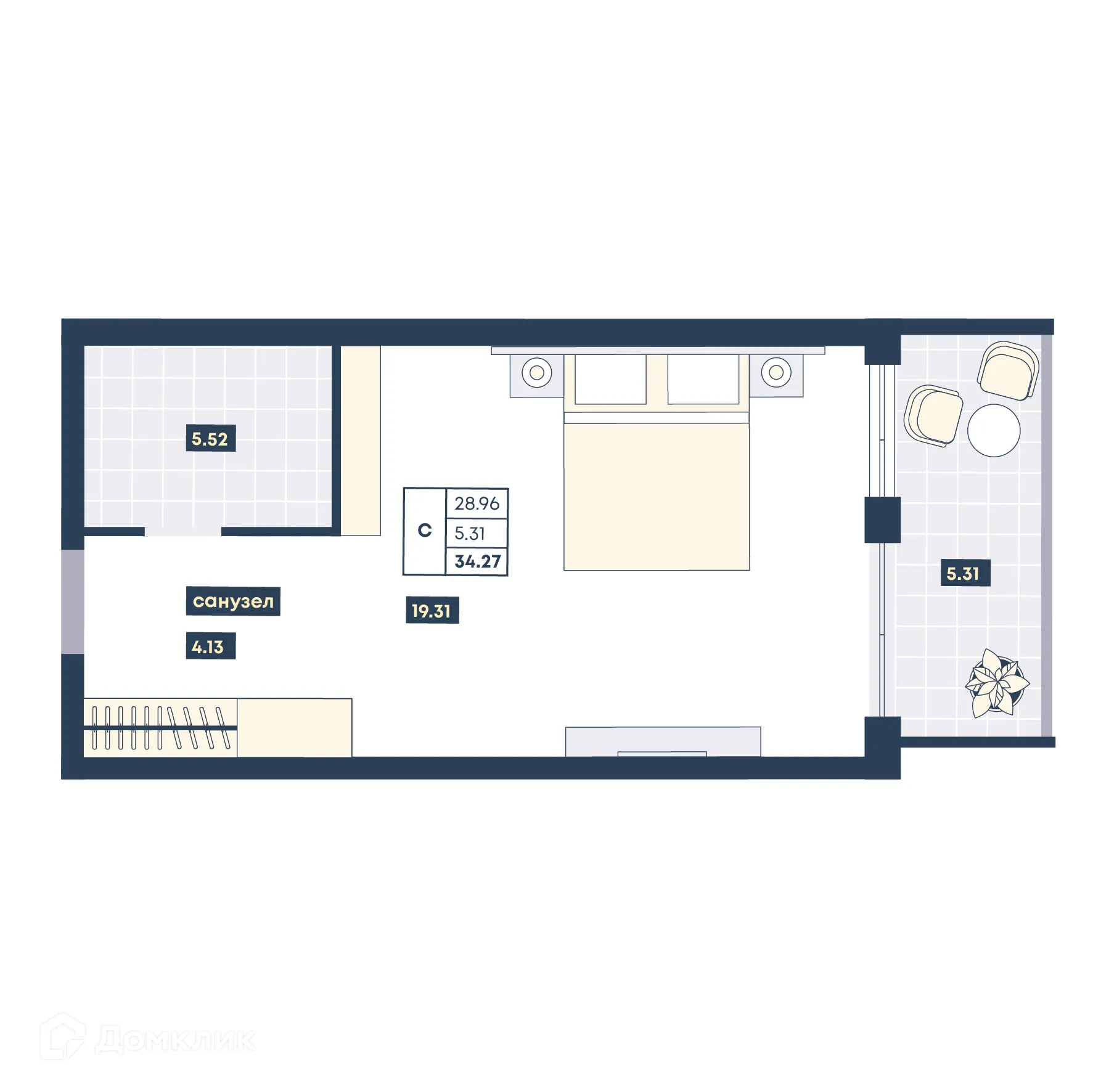 Планировка студии квартиры 34.27 м² в ЖК Лучи, г. Анапа — фото 1