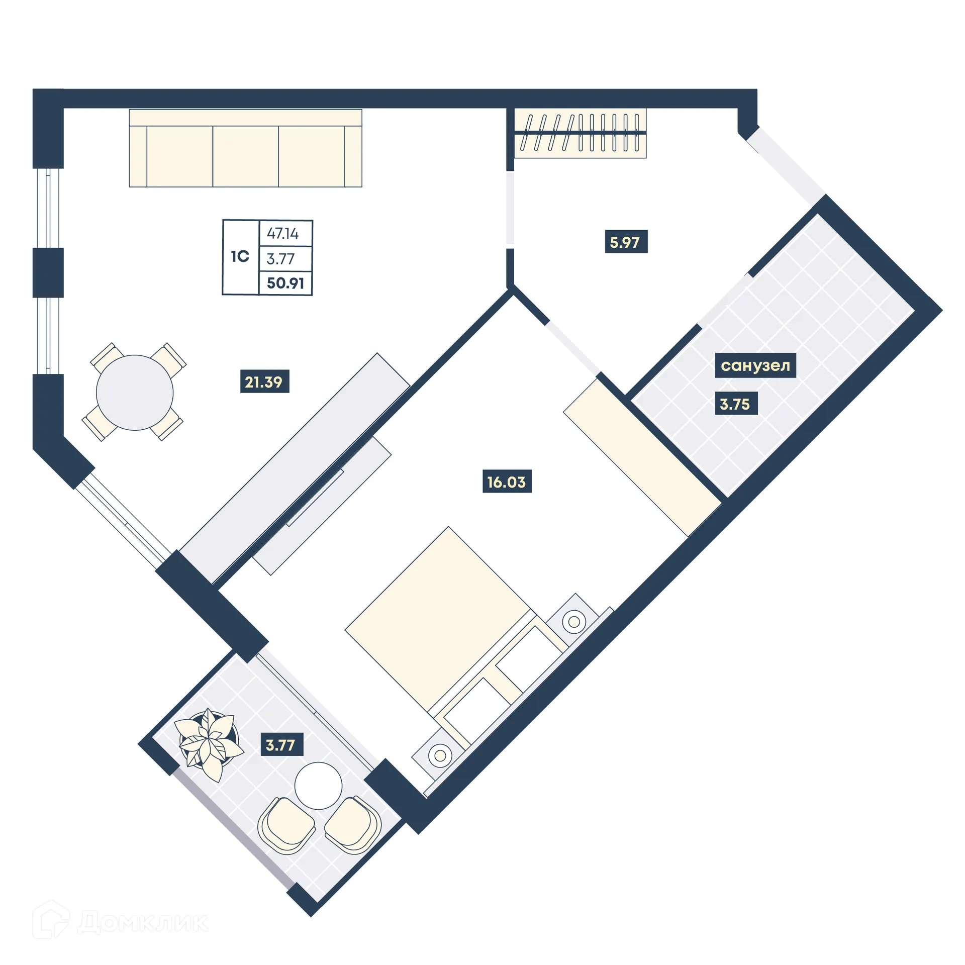 Планировка 1-комнатной квартиры 50.91 м² в ЖК Лучи, г. Анапа — фото 1