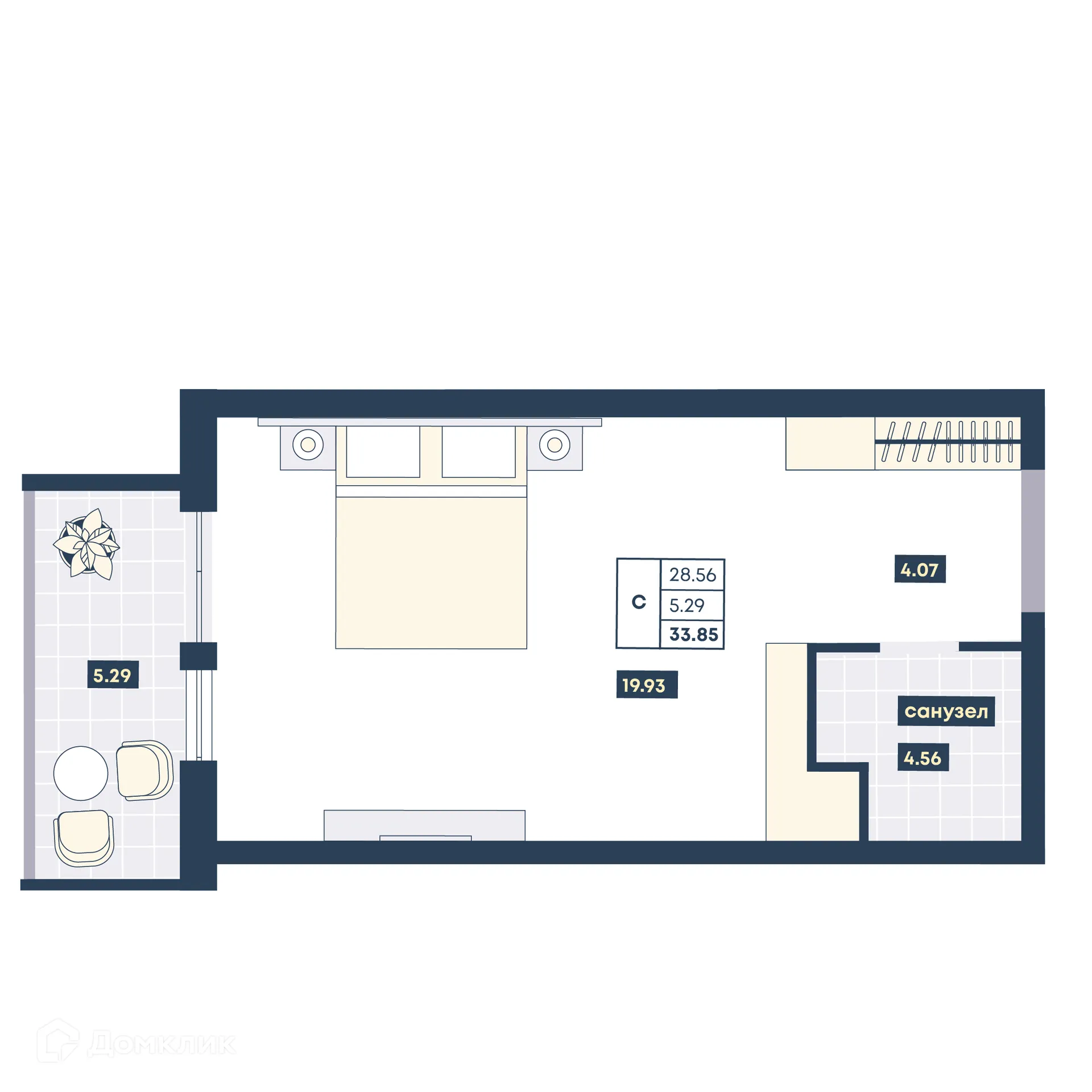 Планировка студии квартиры 33.85 м² в ЖК Лучи, г. Анапа — фото 1