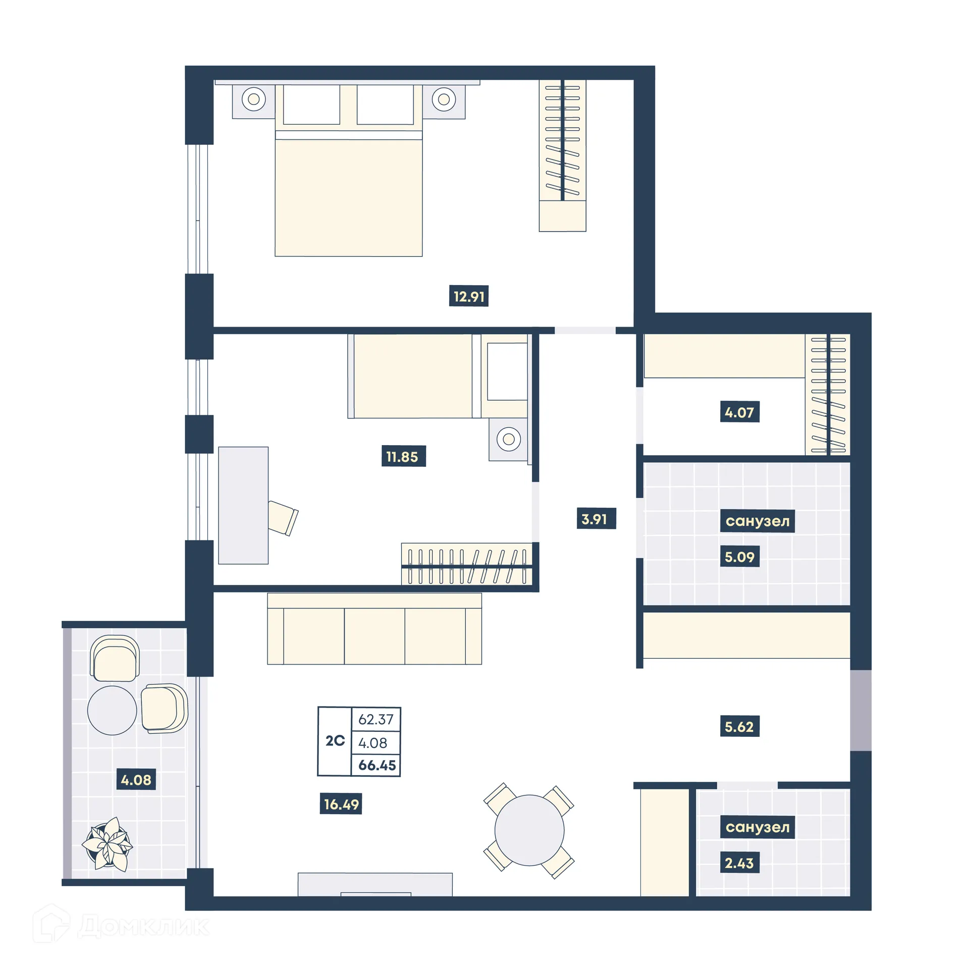 Планировка 2-комнатной квартиры 66.45 м² в ЖК Лучи, г. Анапа — фото 1