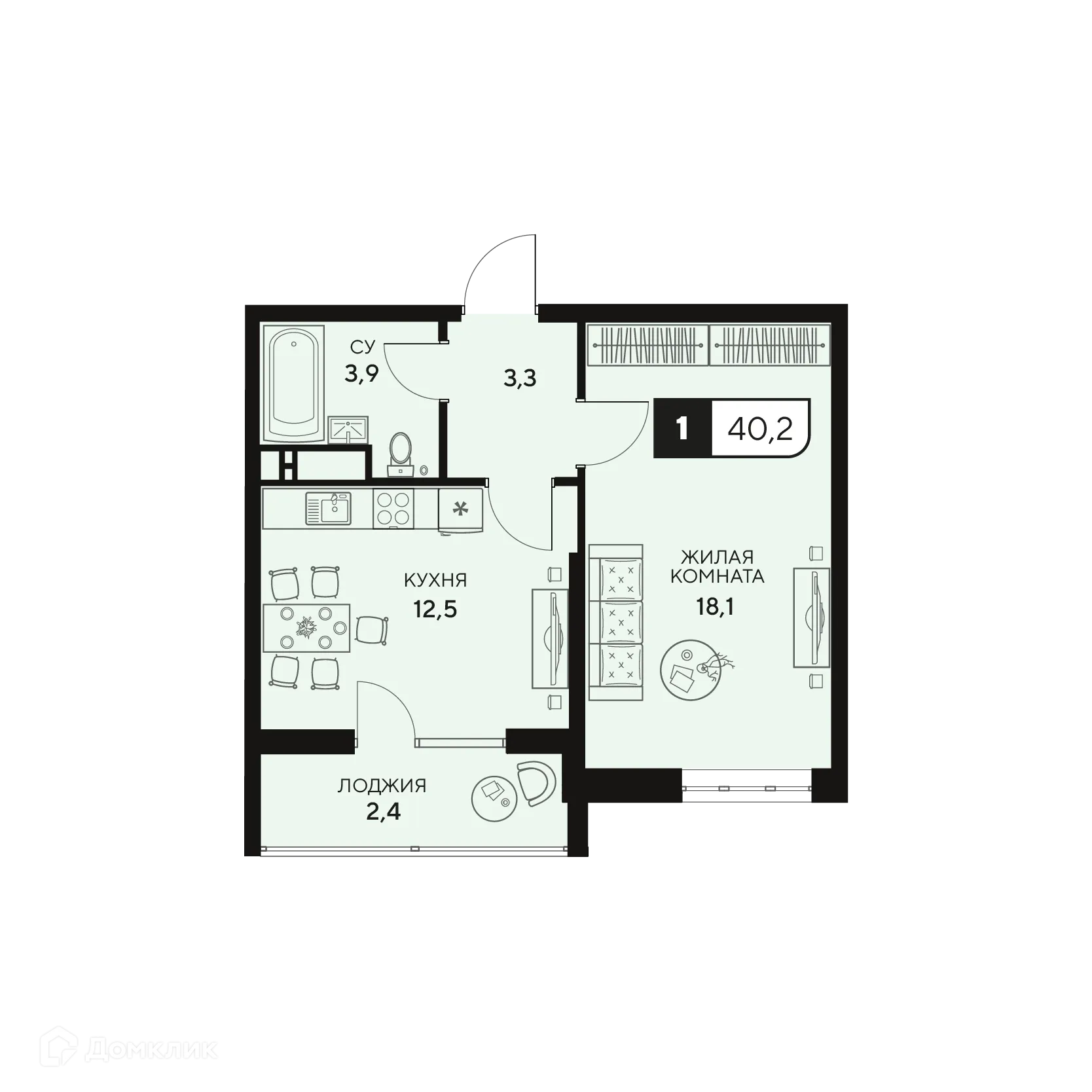 Планировка 1-комнатной квартиры 40.2 м² в ЖК Жилой комплекс "18/3", г. Анапа — фото 1