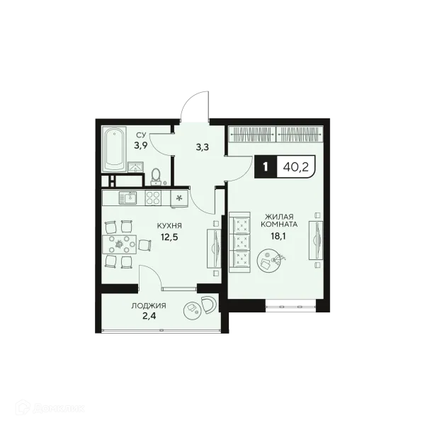 Планировка 1 комн. в ЖК Жилой комплекс "18/3"