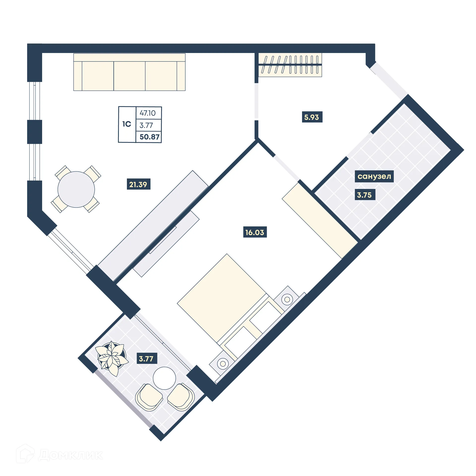 Планировка 1-комнатной квартиры 50.87 м² в ЖК Лучи, г. Анапа — фото 1