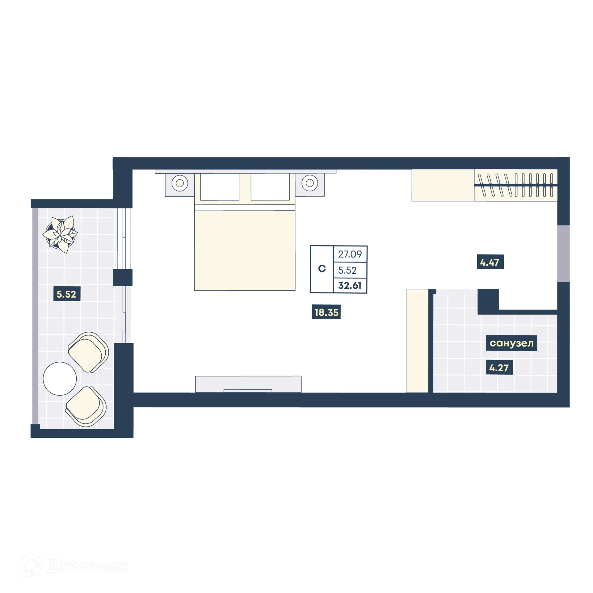 Планировка студии квартиры 32.61 м² в ЖК Лучи, г. Анапа — фото 1