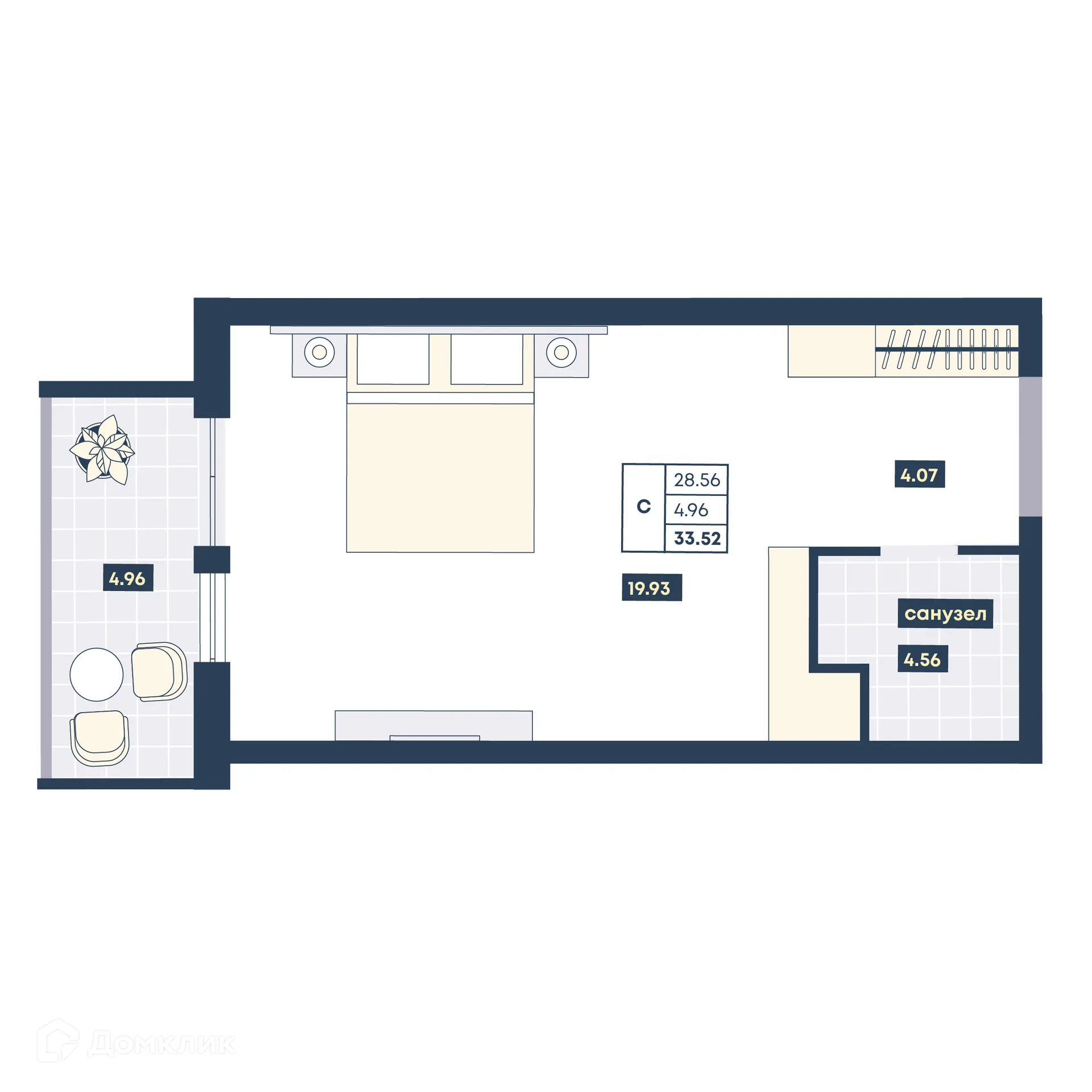 Планировка студии квартиры 33.52 м² в ЖК Лучи, г. Анапа — фото 1