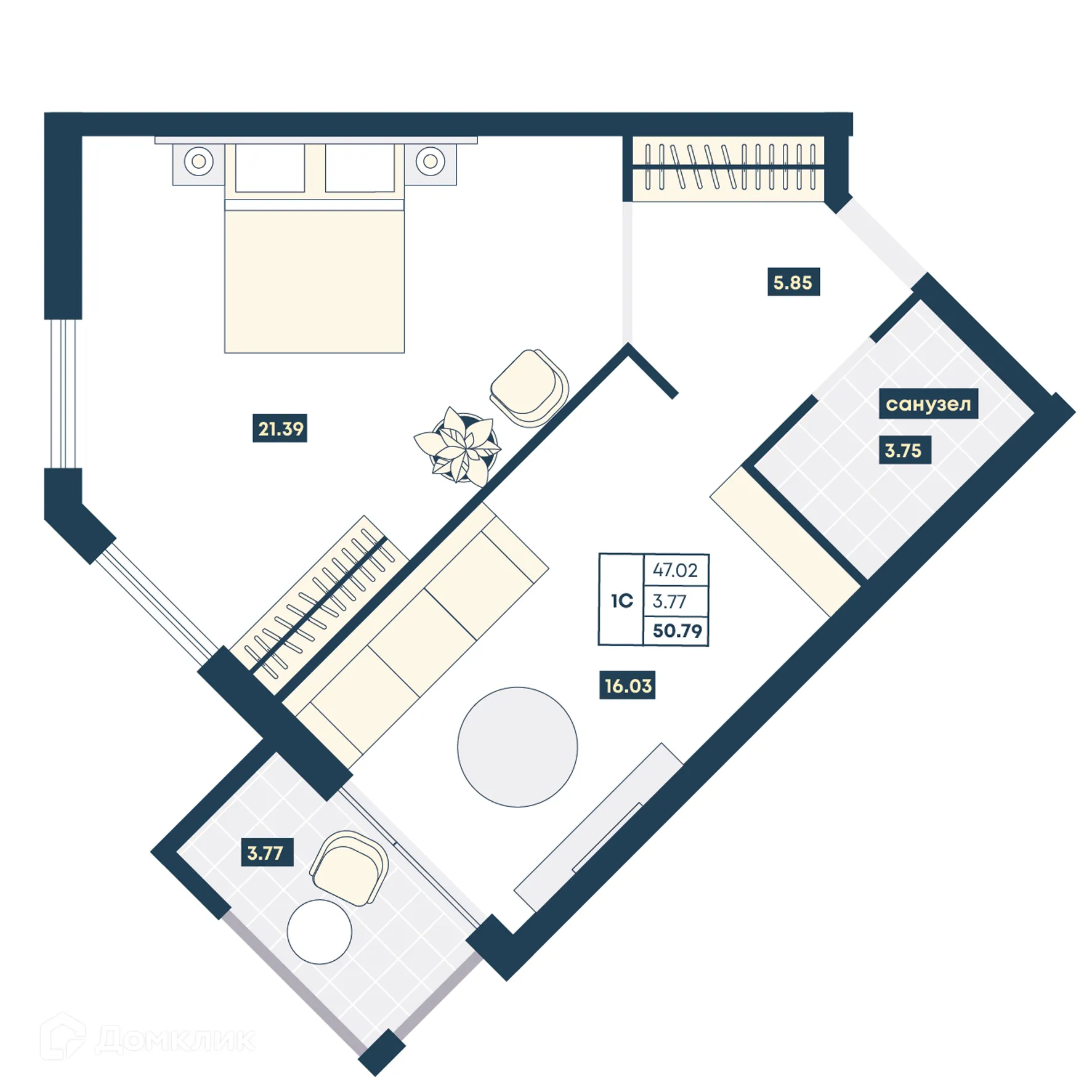 Планировка 1-комнатной квартиры 50.79 м² в ЖК Лучи, г. Анапа — фото 1