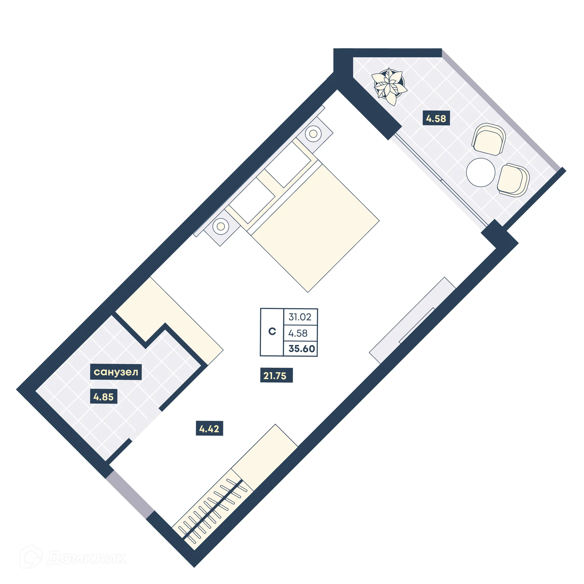 Планировка студии квартиры 35.6 м² в ЖК Лучи, г. Анапа — фото 1