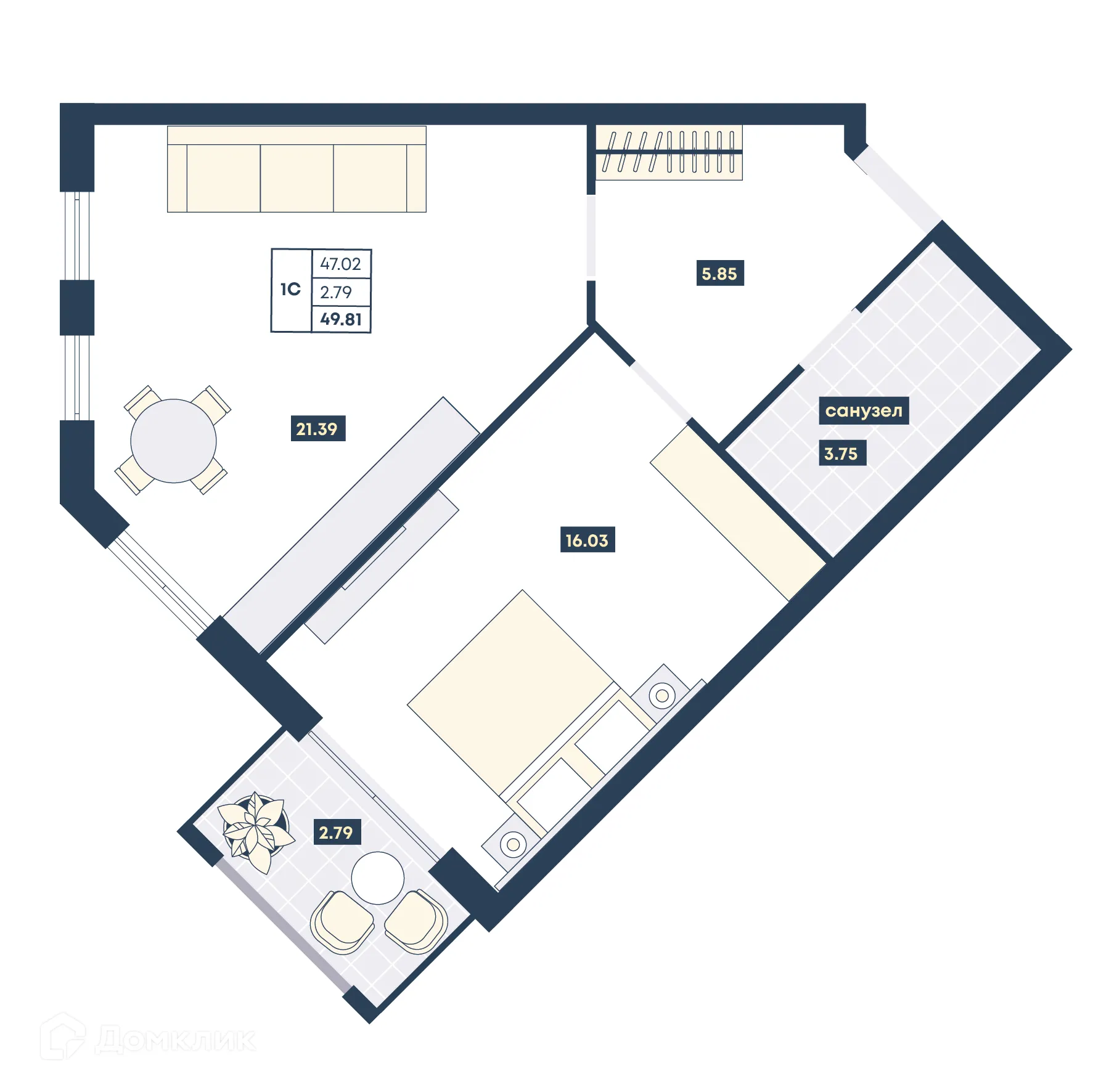 Планировка 1-комнатной квартиры 49.81 м² в ЖК Лучи, г. Анапа — фото 1