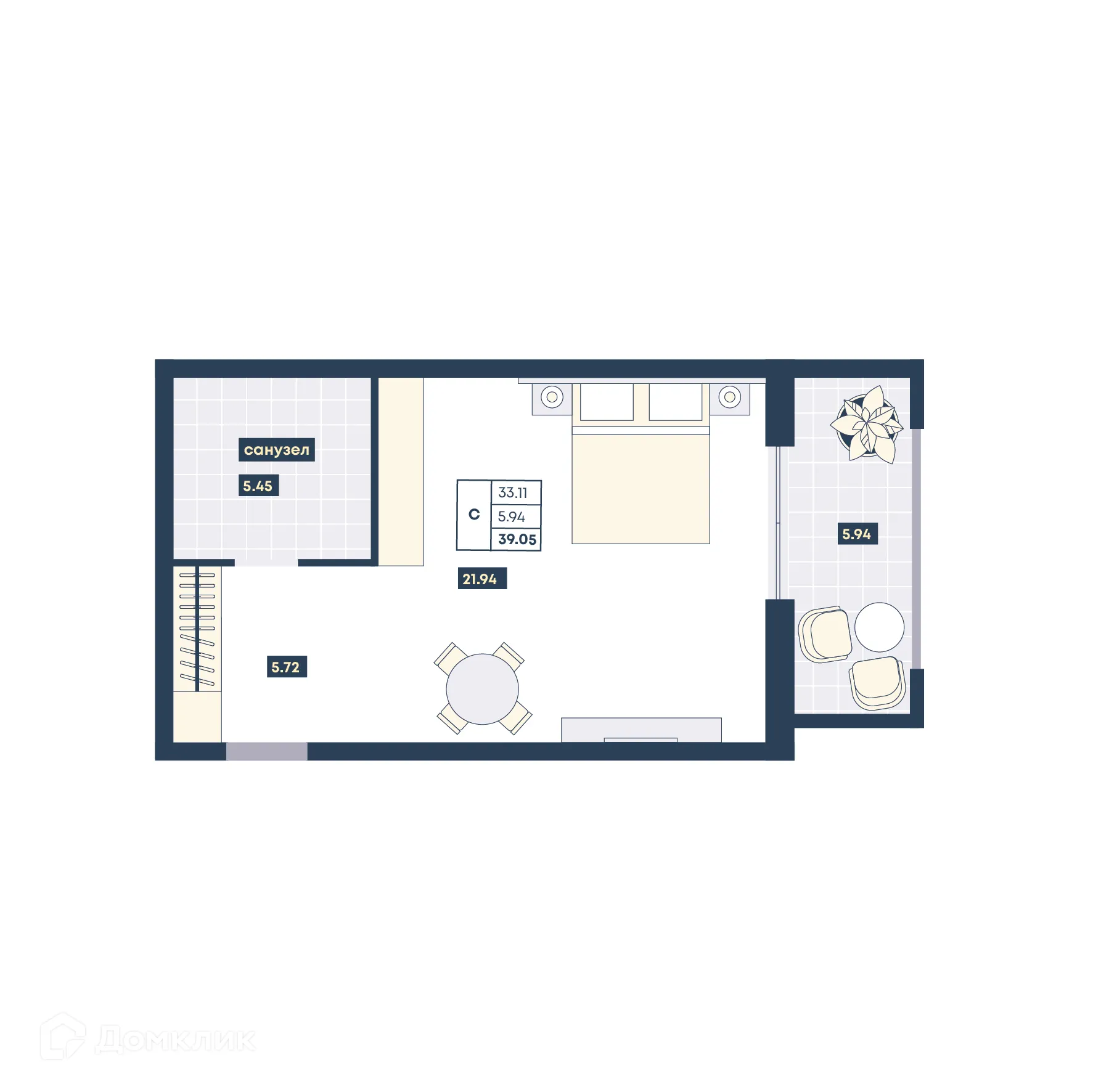 Планировка студии квартиры 39.05 м² в ЖК Лучи, г. Анапа — фото 1