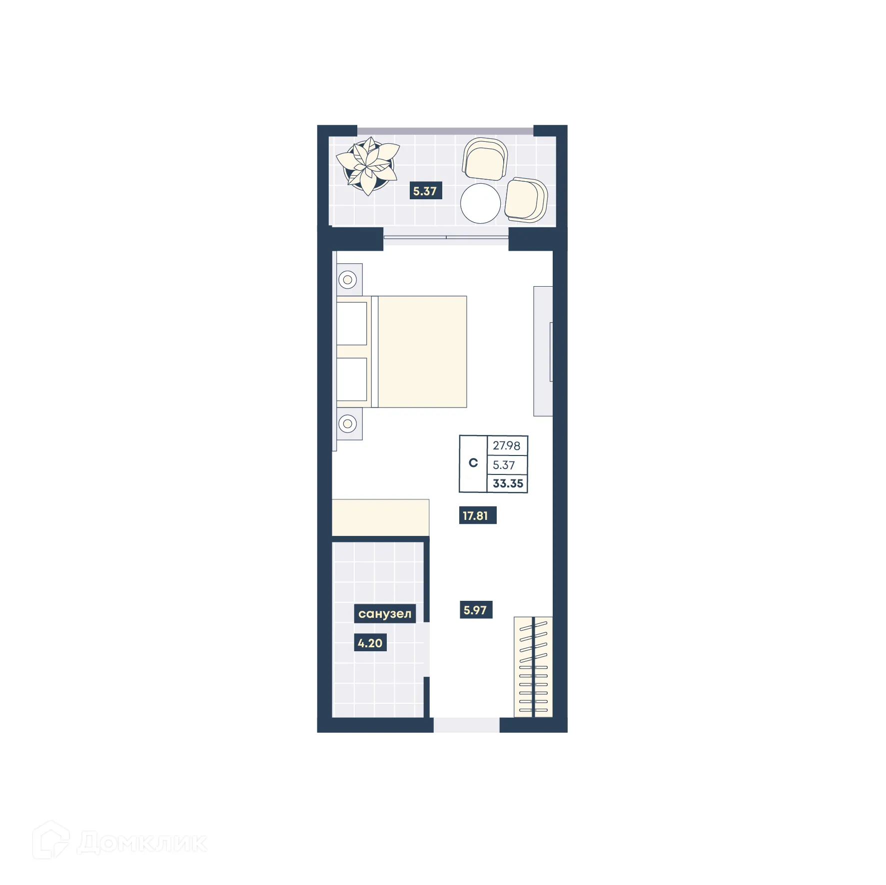 Планировка студии квартиры 33.35 м² в ЖК Лучи, г. Анапа — фото 1