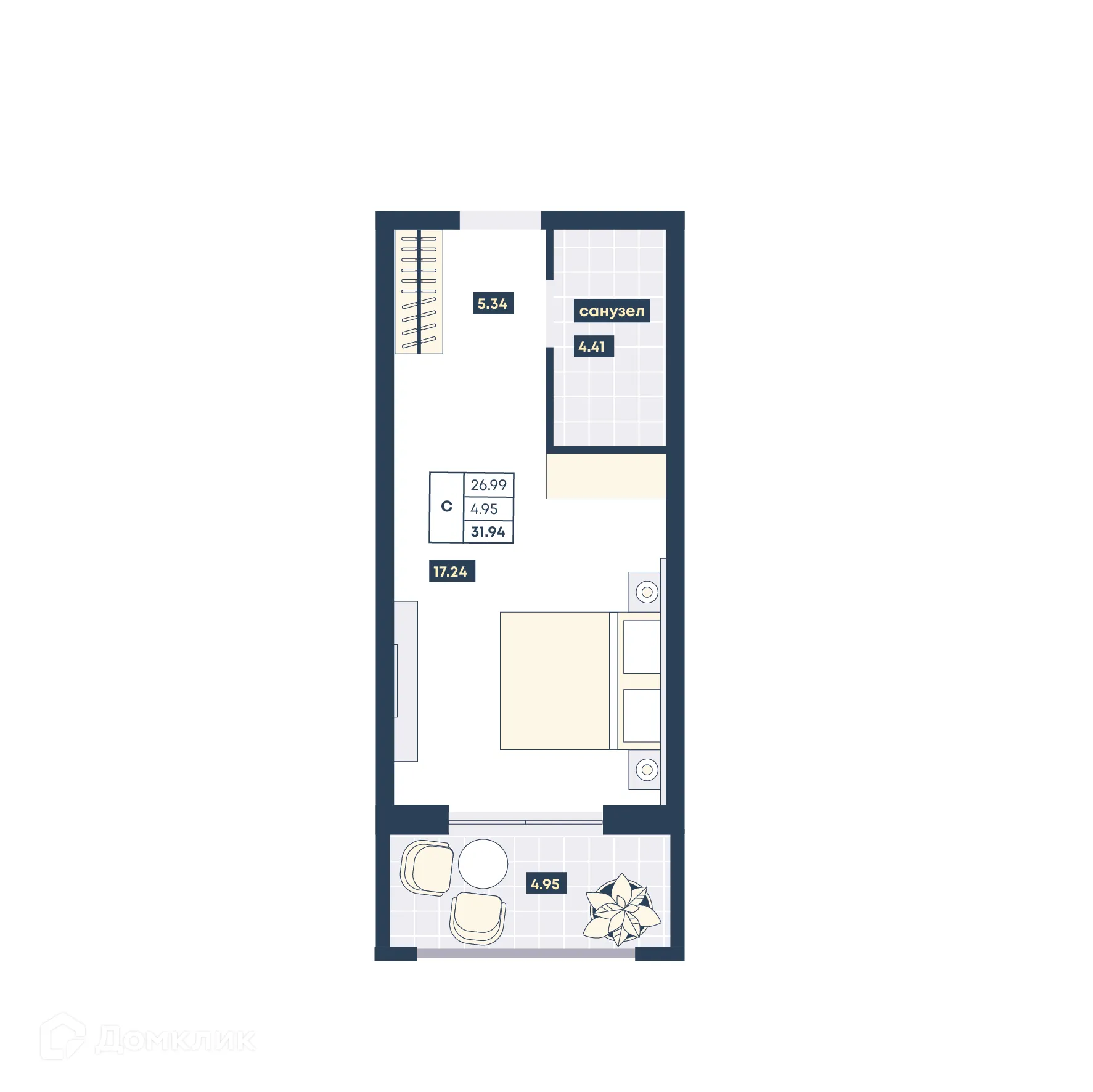 Планировка студии квартиры 31.94 м² в ЖК Лучи, г. Анапа — фото 1