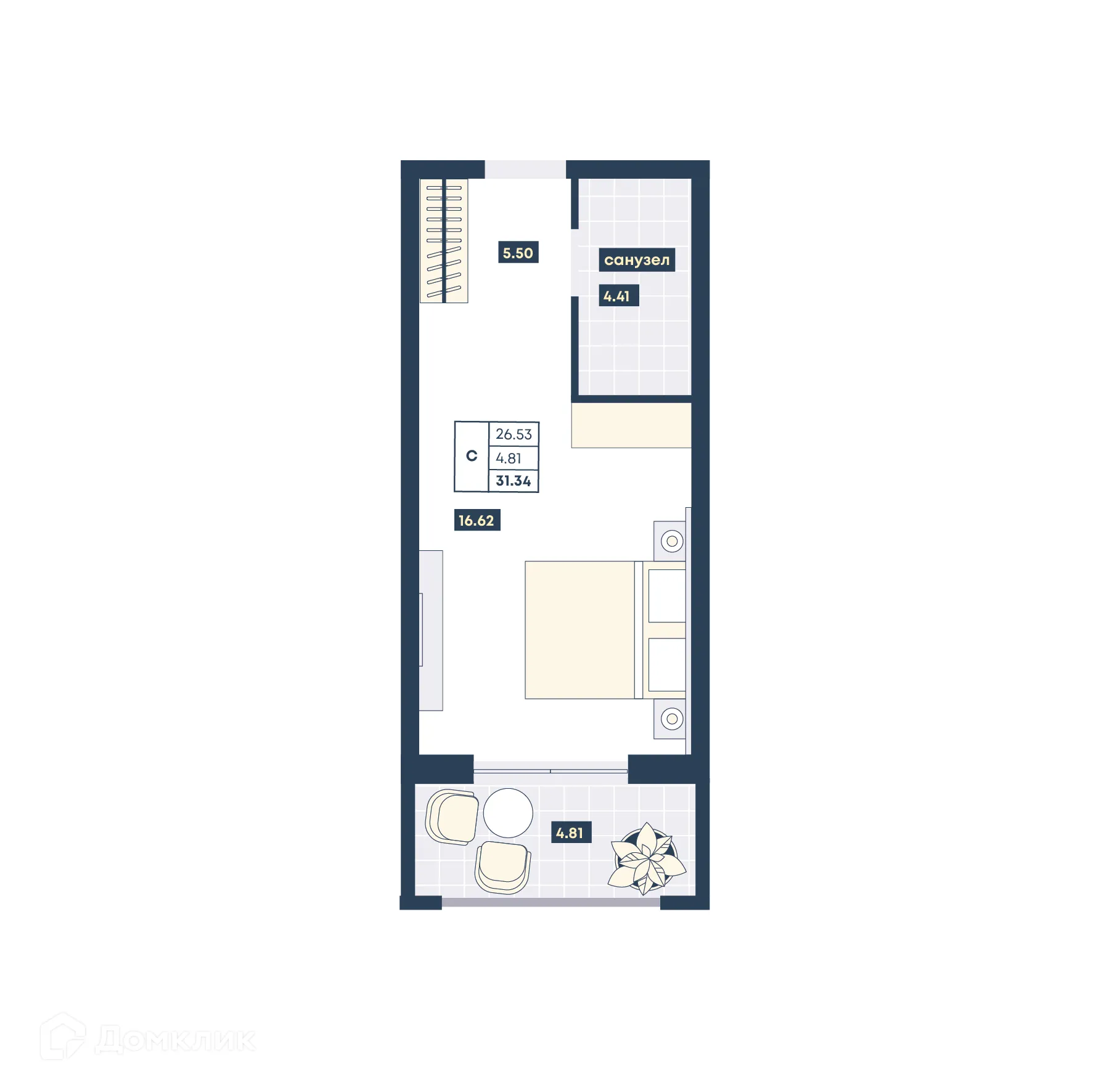 Планировка студии квартиры 31.34 м² в ЖК Лучи, г. Анапа — фото 1