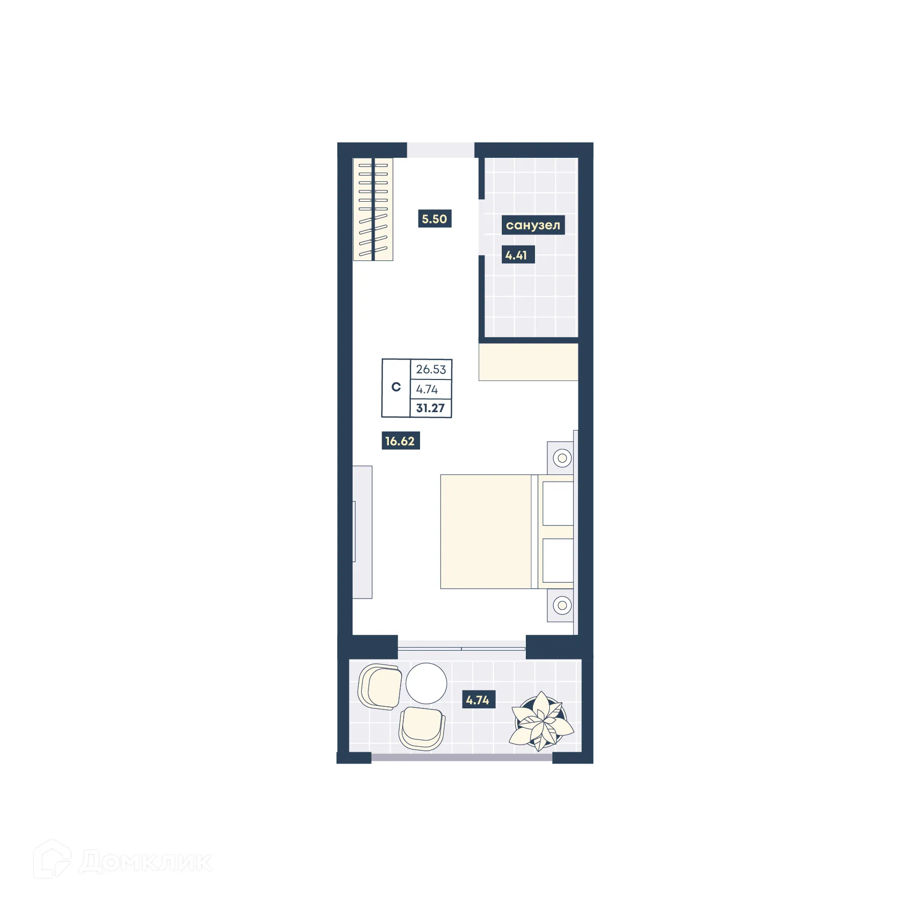 Планировка студии квартиры 31.27 м² в ЖК Лучи, г. Анапа — фото 1