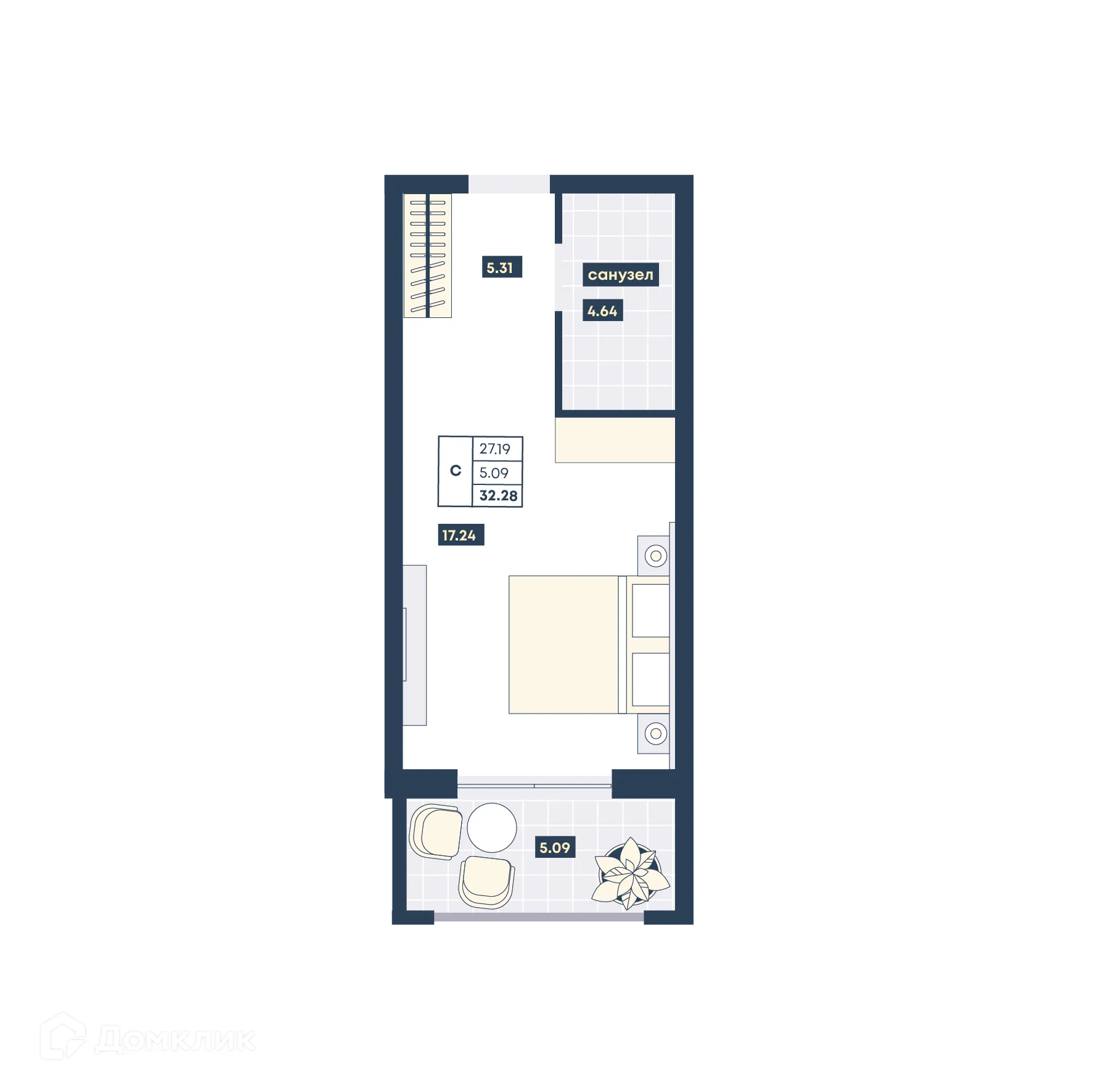 Планировка студии квартиры 32.28 м² в ЖК Лучи, г. Анапа — фото 1