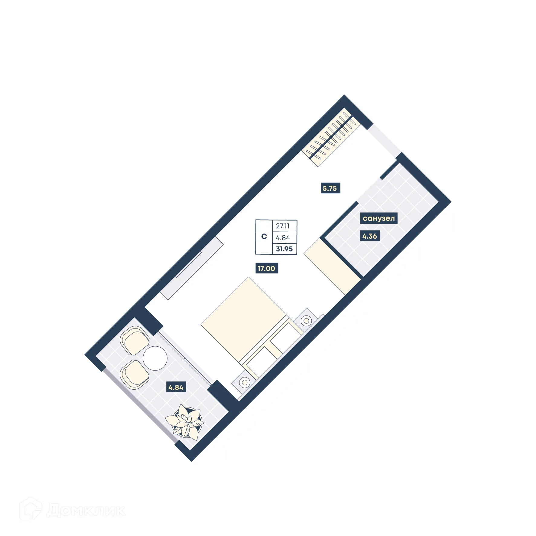 Планировка студии квартиры 31.95 м² в ЖК Лучи, г. Анапа — фото 1