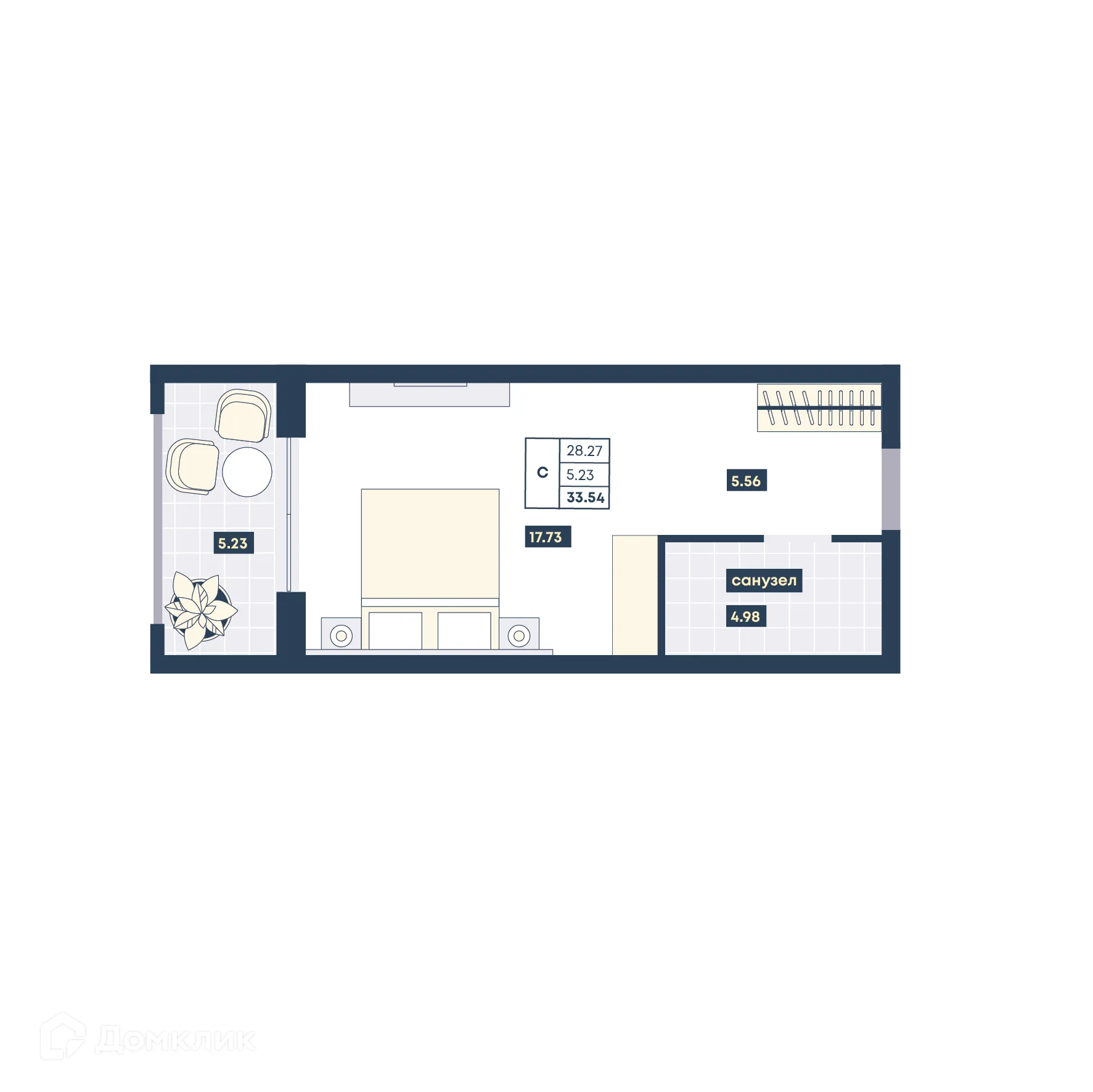 Планировка студии квартиры 33.5 м² в ЖК Лучи, г. Анапа — фото 1