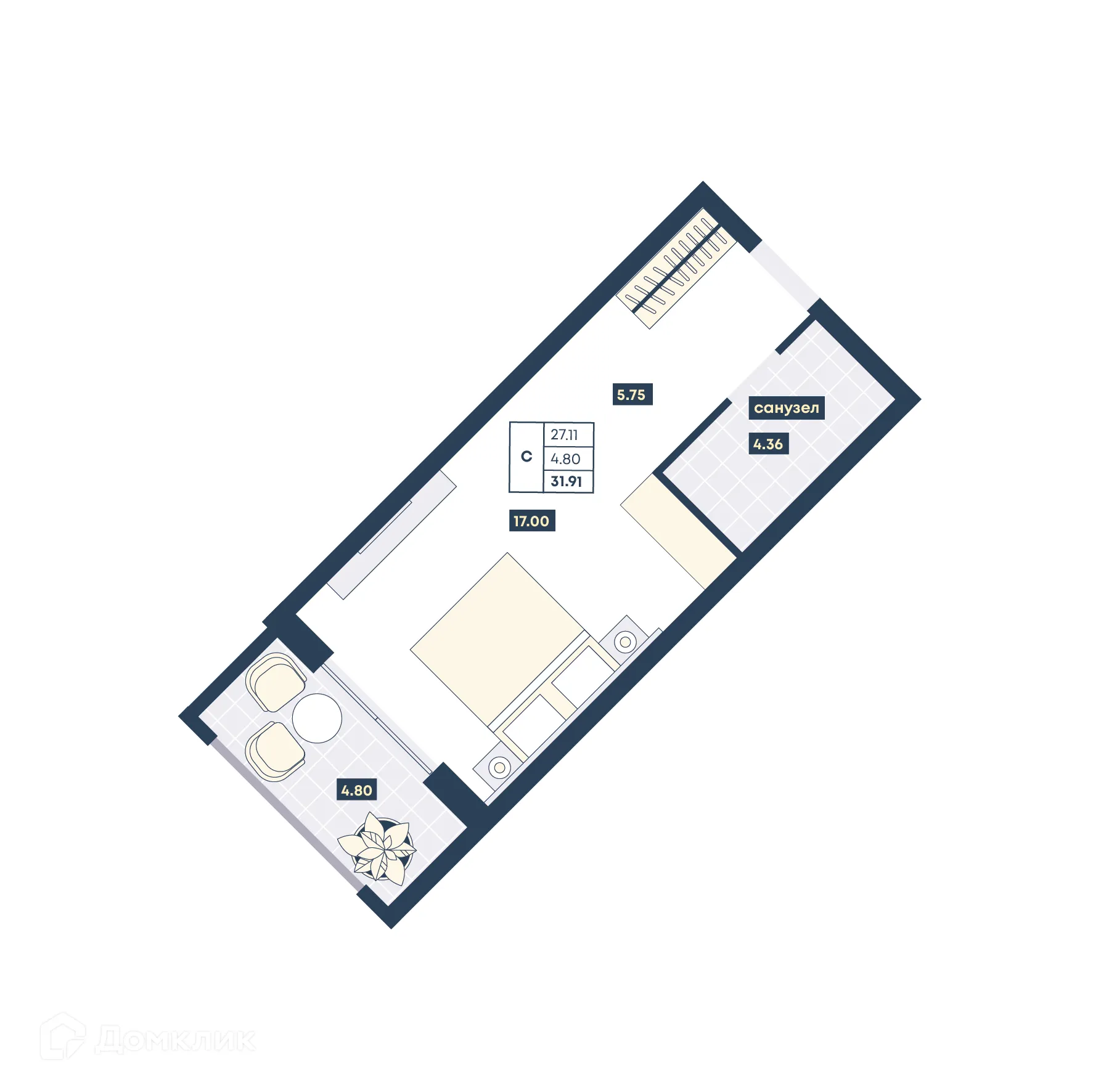 Планировка студии квартиры 31.91 м² в ЖК Лучи, г. Анапа — фото 1