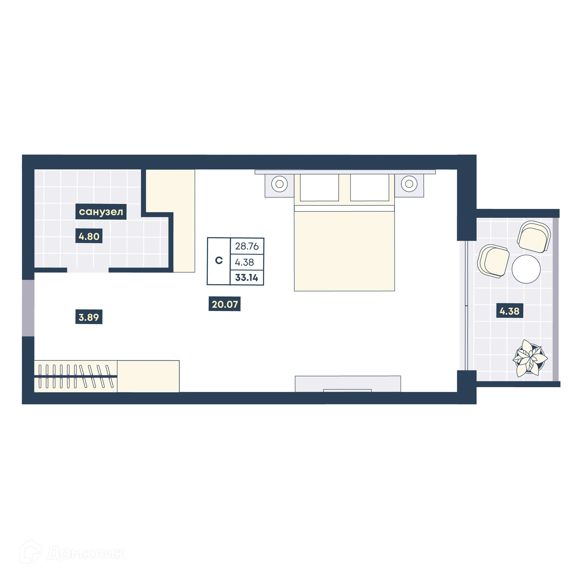 Планировка студии квартиры 33.14 м² в ЖК Лучи, г. Анапа — фото 1