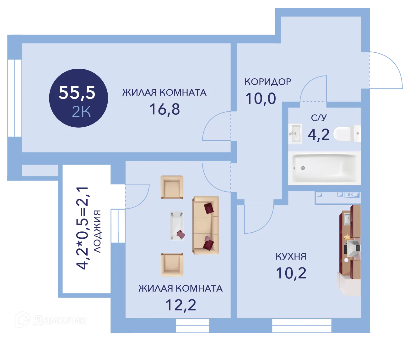 Планировка 2-комнатной квартиры 55.5 м² в ЖК "Два Адмирала", г. Анапа — фото 1