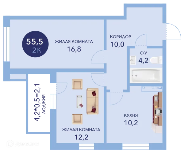 Планировка 2 комн. в ЖК "Два Адмирала"