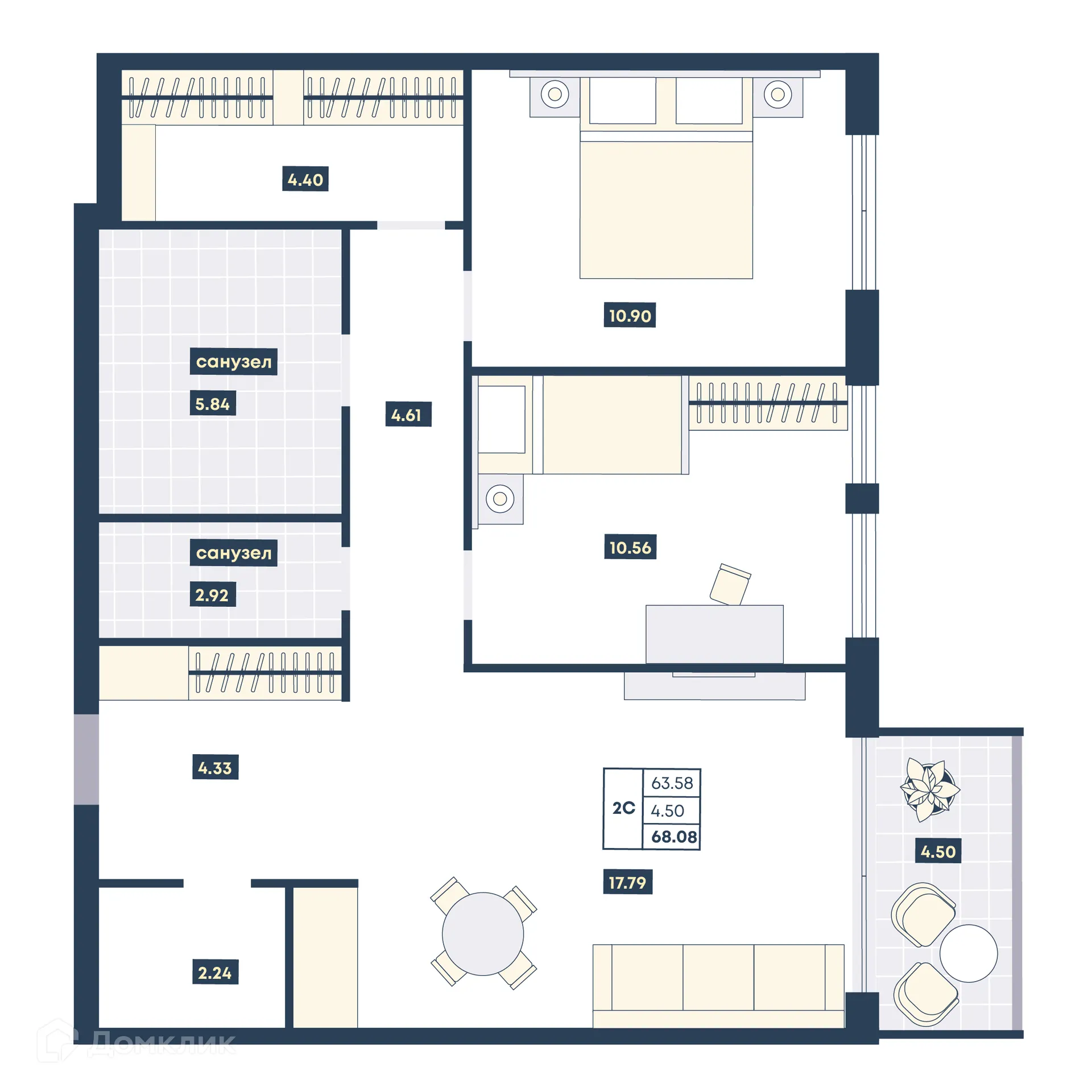 Планировка 2-комнатной квартиры 68.08 м² в ЖК Лучи, г. Анапа — фото 1