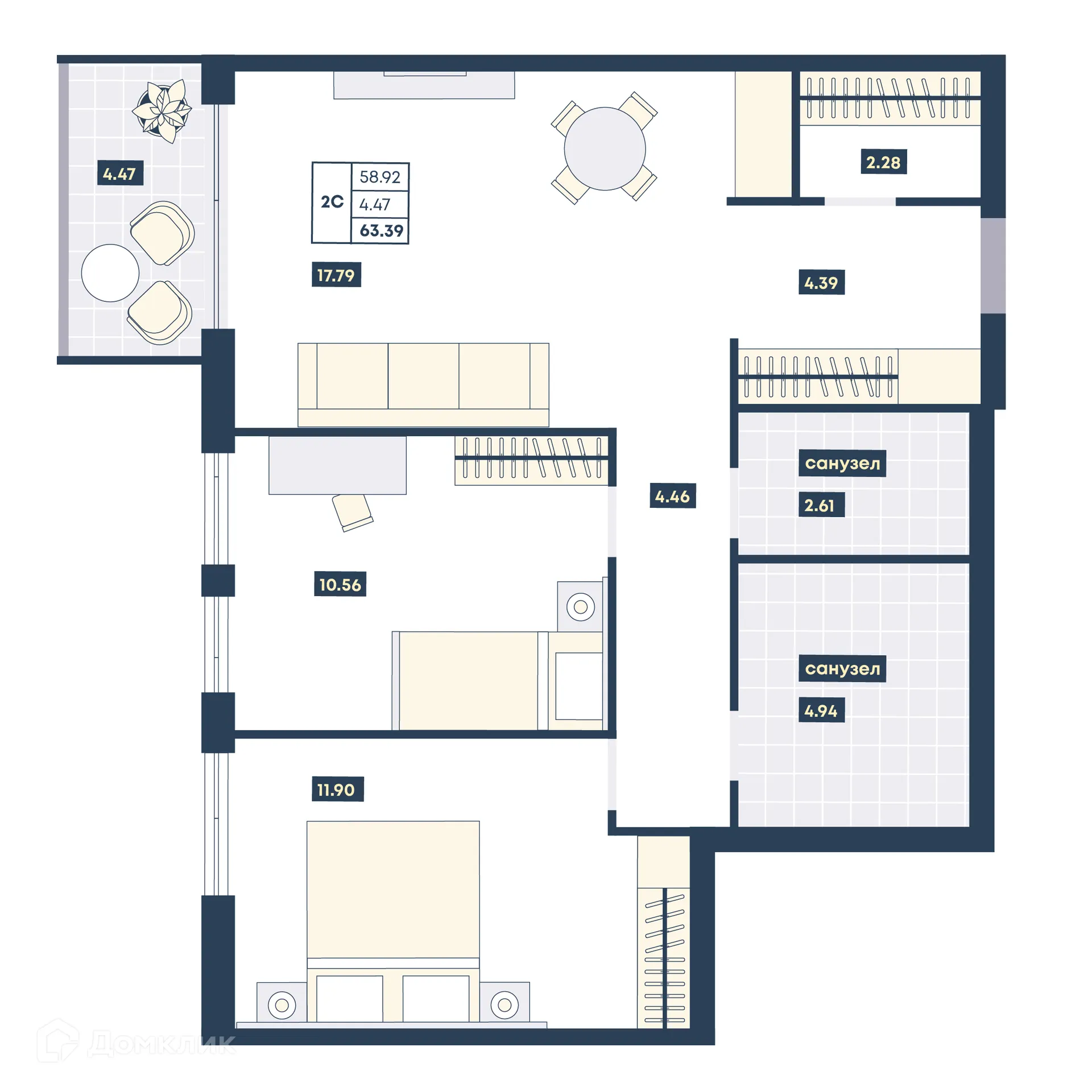 Планировка 2-комнатной квартиры 63.39 м² в ЖК Лучи, г. Анапа — фото 1